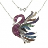 Fuchsia swan necklace with crystals, rhodium-plated 925 silver