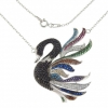 Jet black swan necklace with crystals, rhodium-plated 925 silver