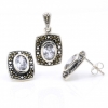 Set Dreptunghi cu marcasite, cercei, pandantiv, argint 925, alb transparent