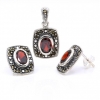 Set Dreptunghi cu marcasite, cercei, pandantiv, argint 925, rosu magma