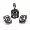 Set Dreptunghi cu marcasite, cercei, pandantiv, argint 925, negru jet