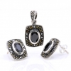Set Dreptunghi cu marcasite, cercei, pandantiv, argint 925, negru jet