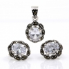 Set Oval cu marcasite, cercei, pandantiv, argint 925, alb transparent