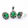 Set Oval cu marcasite, cercei, pandantiv, argint 925, verde emerald