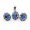 Set Oval cu marcasite, cercei, pandantiv, argint 925, albastru navy