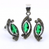 Set Marquise cu marcasite, cercei, pandantiv, argint 925, verde emerald