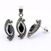 Set Marquise cu marcasite, cercei, pandantiv, argint 925, negru jet
