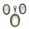 Set Oval cu marcasite si Sidef, cercei, pandantiv, argint 925, sidef