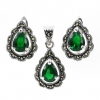 Set Picatura cu marcasite, cercei, pandantiv, argint 925, verde emerald