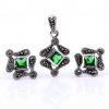 Set Romb cu marcasite, cercei, pandantiv, argint 925, verde emerald