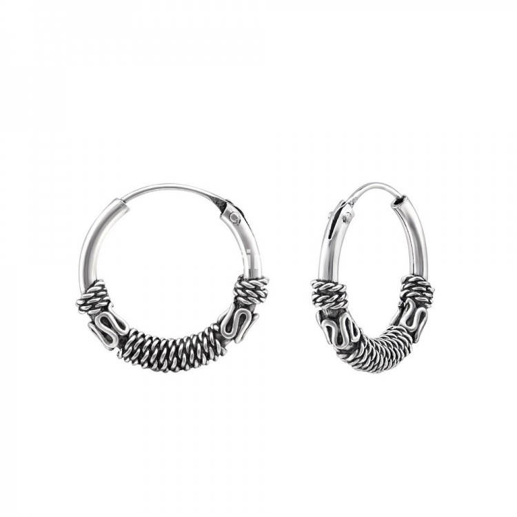 Bali ear hoops earrings, 925 silver, 14x1.2mm