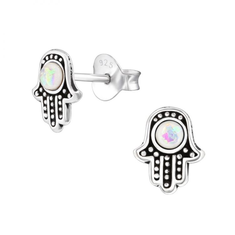 Fatima hand, aurore boreale opal earrings, 925 silver, 8x6mm