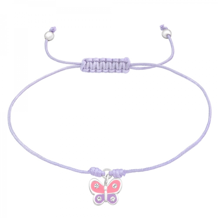 Adjustable bracelet with purple pink butterfly charm, silver 925, 9x8.5mm