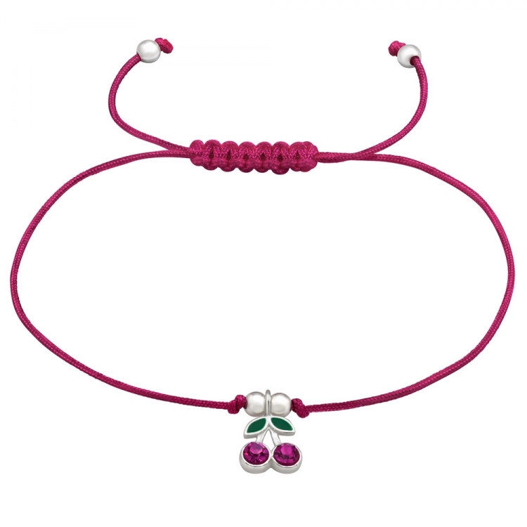 Adjustable bracelet with fuchsia cherry charm, silver 925, 11x7mm