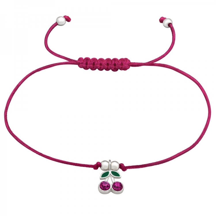 Bratara reglabila cu charm cirese fuchsia, argint 925