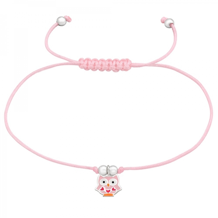 Adjustable bracelet with pink owl charm, silver 925, 10x8mm