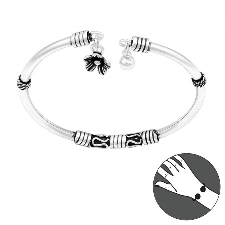 Bali fixed bracelet with flower charm, silver 925