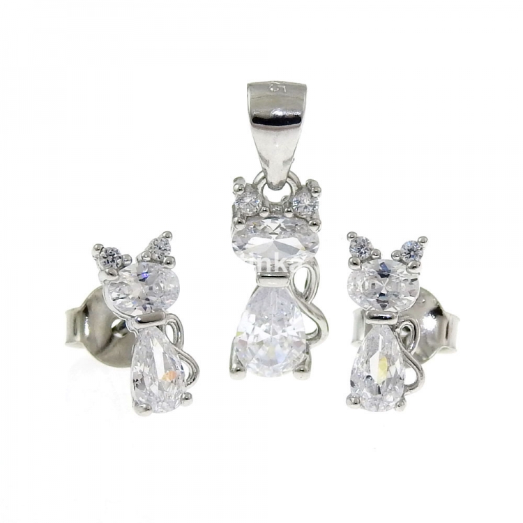 Set with kittens, pendant and earrings with rhodium-plated silver 925 crystals