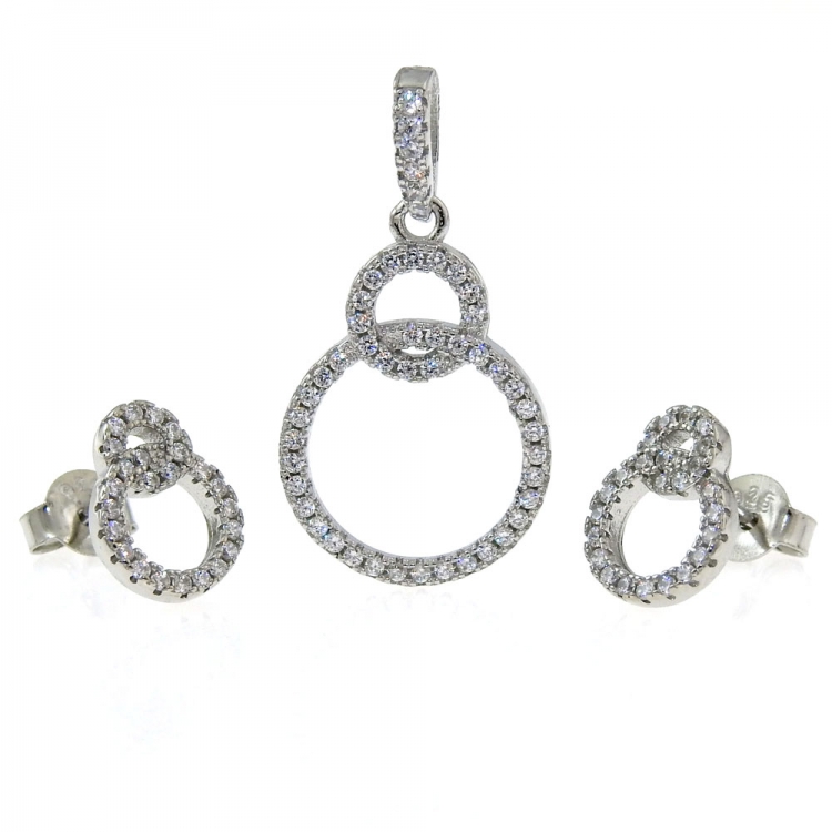 Set of circles, pendant and earrings with rhodium-plated silver 925 crystals