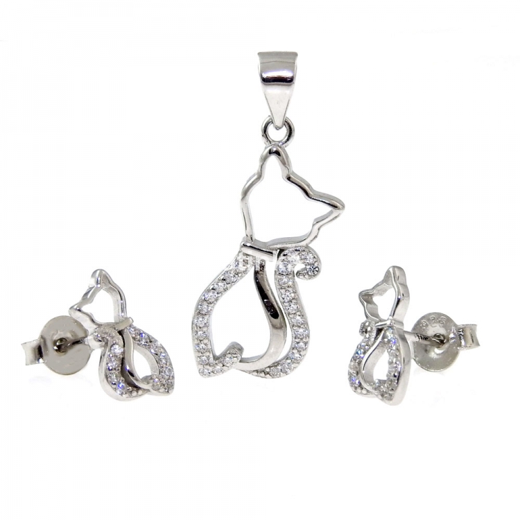 Set of kittens, pendant and earrings with rhodium-plated silver 925 crystals