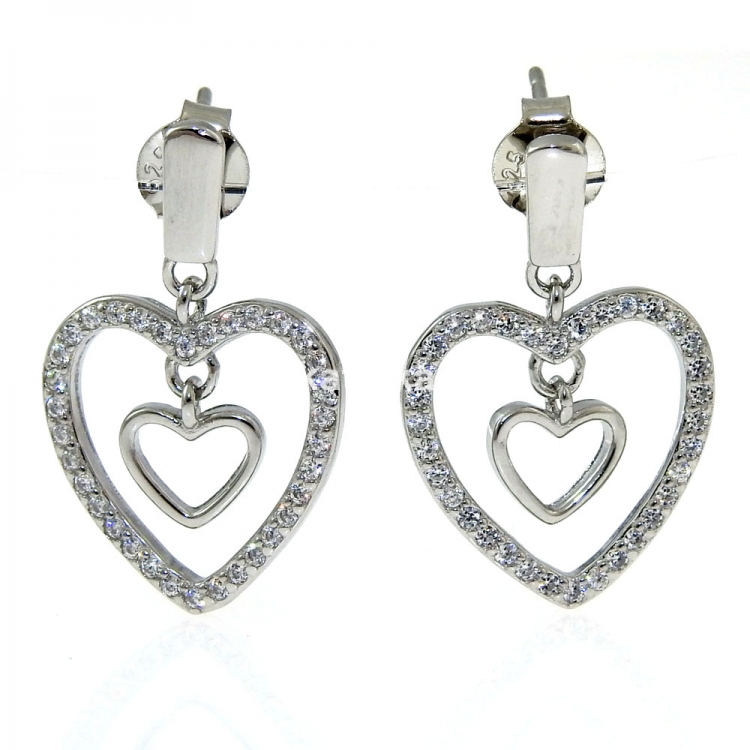 2 hearts earrings with rhodium-plated silver 925 crystals