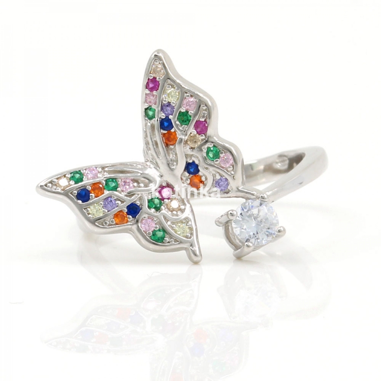 Butterfly ring with crystals, rhodium-plated 925 silver