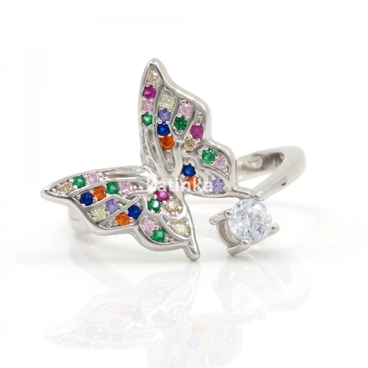 Butterfly ring with crystals, rhodium-plated 925 silver