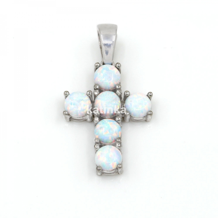 Cross pendant with White Opal, rhodium-plated 925 silver