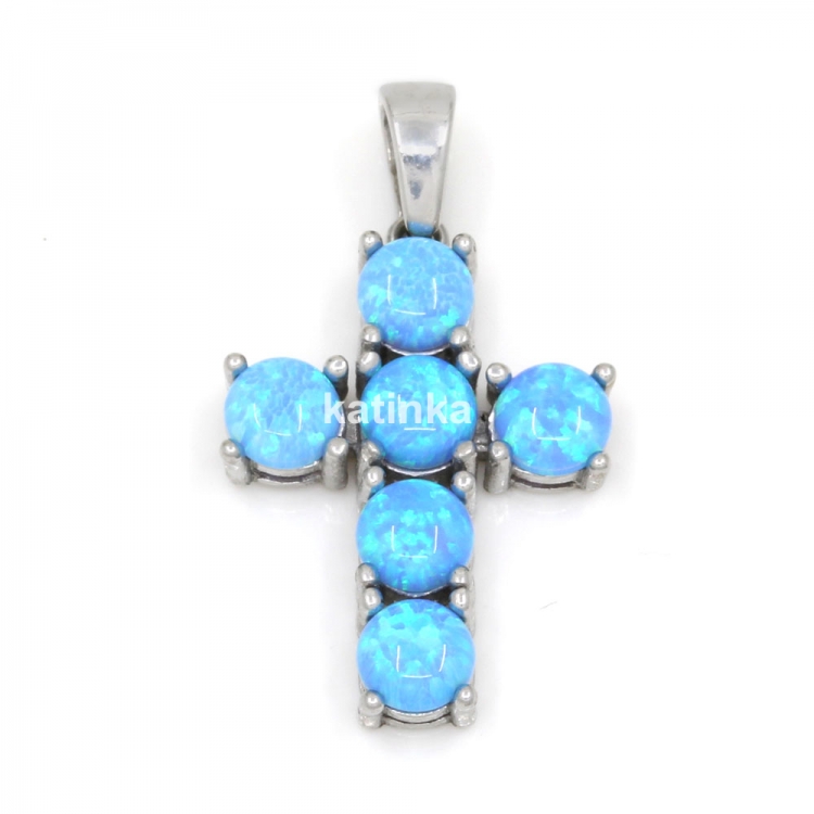 Cross pendant with Azure Opal, rhodium-plated 925 silver