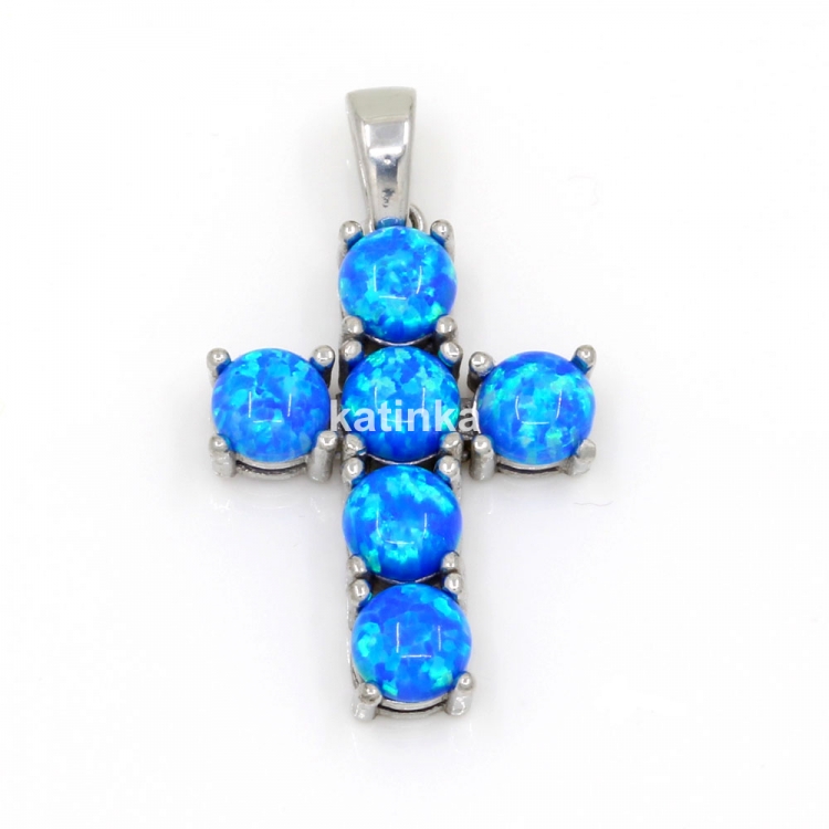 Cross pendant with Blue Opal, rhodium-plated 925 silver