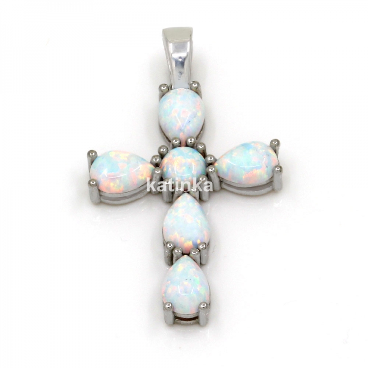 Cross pendant with White Opal, rhodium-plated 925 silver