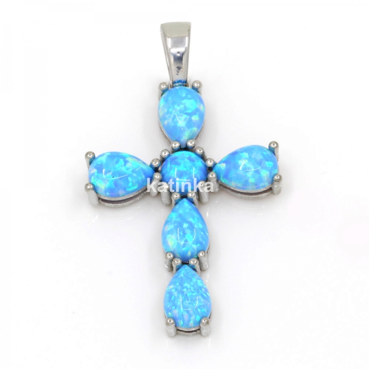 Cross pendant with Azure Opal, rhodium-plated 925 silver