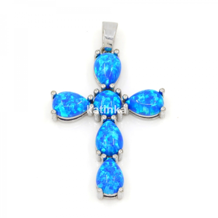 Cross pendant with Blue Opal, rhodium-plated 925 silver