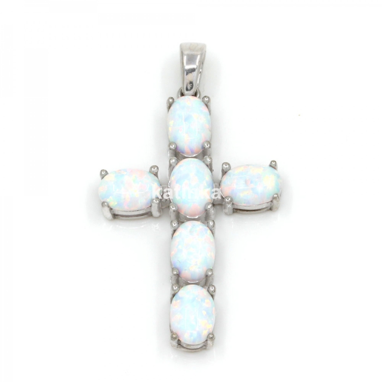 Cross pendant with White Opal, rhodium-plated 925 silver