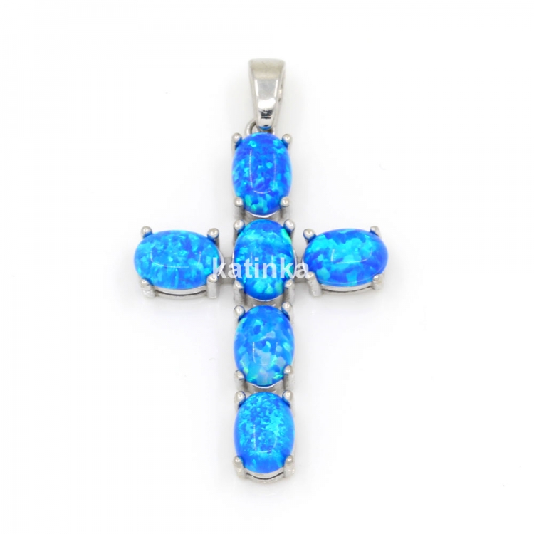 Cross pendant with Blue Opal, rhodium-plated 925 silver