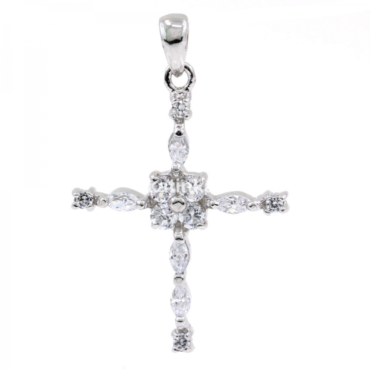 Cross pendant with crystals, silver 925 rhodium-plated