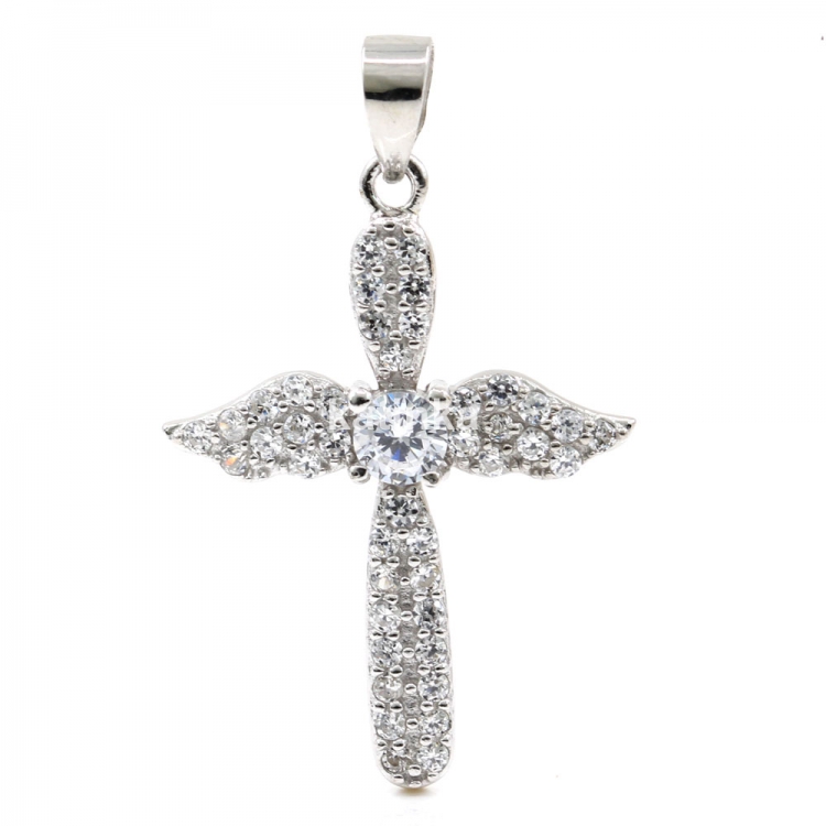 Cross pendant with crystals, silver 925 rhodium-plated