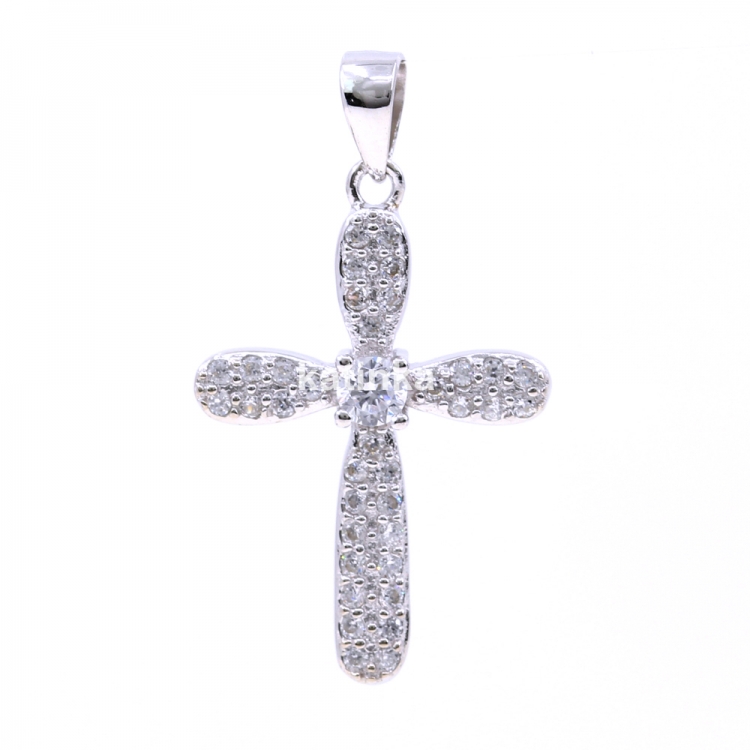 Cross pendant with crystals, 925 rhodium plated silver, 26mm