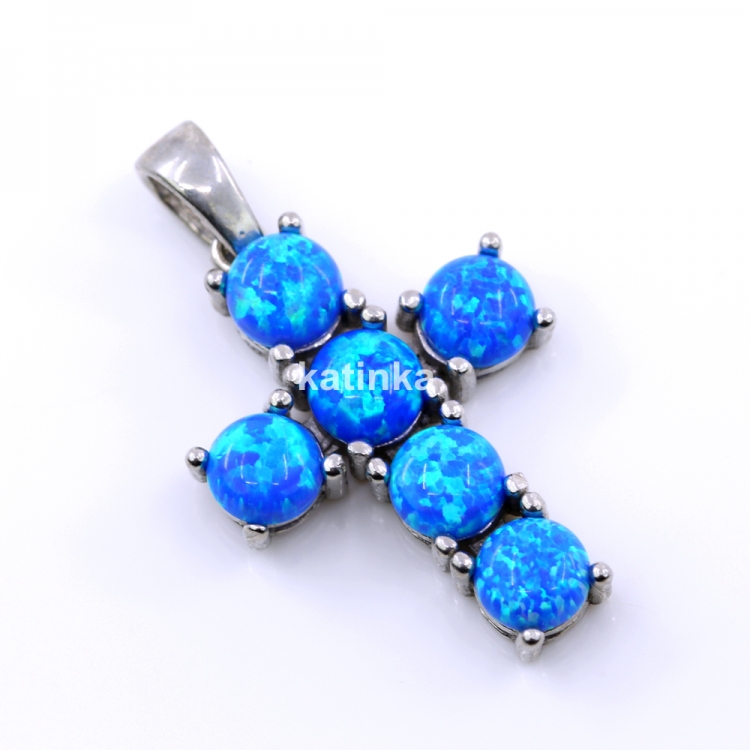 Pandantiv Cruce cu Blue Opal, argint 925 rodiat, 23.5mm