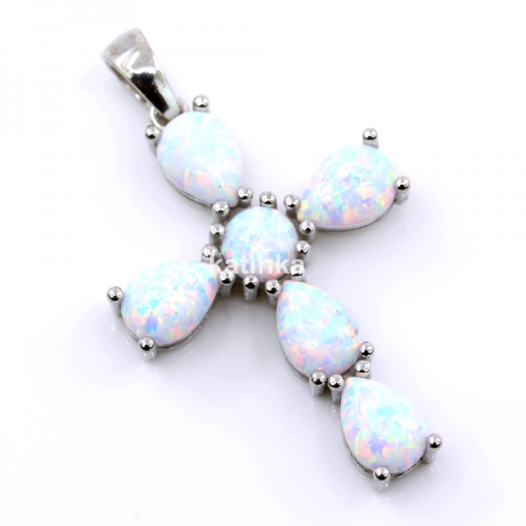 Pandantiv Cruce cu White Opal, argint 925 rodiat, 30mm