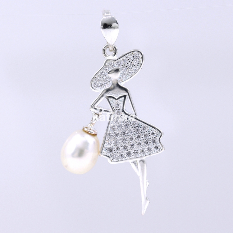 Ballerina Pendant with Cultured Pearl and Crystals, 925 Silver, 34.5mm