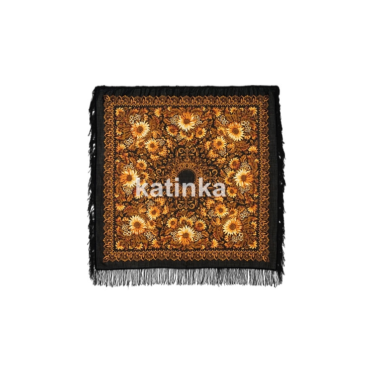 Premium shawl Sunflowers, wool, black - 125x125cm