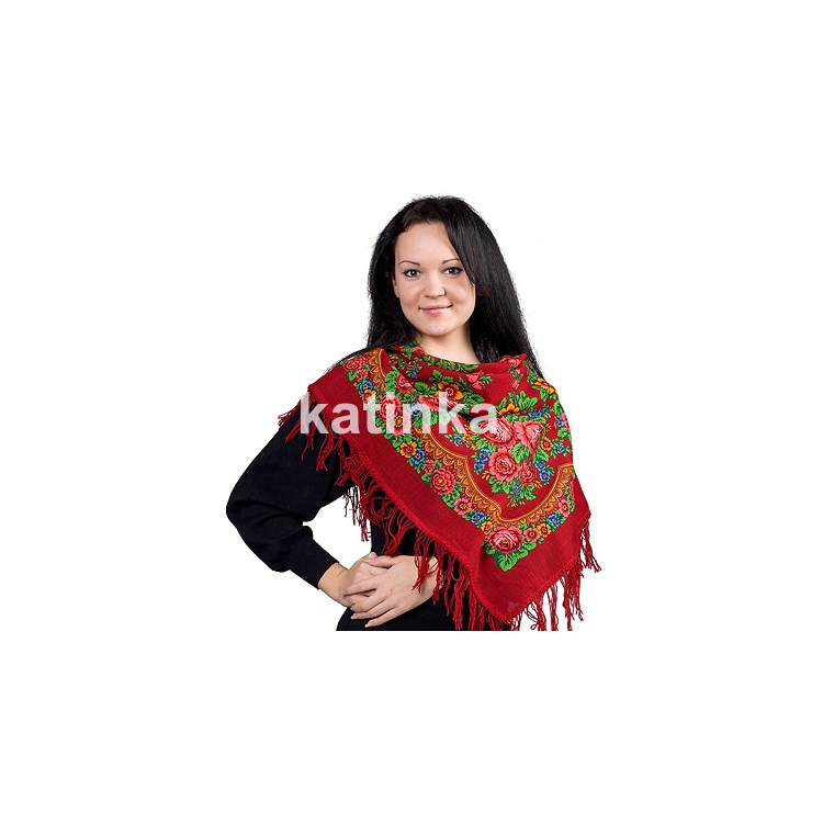 Premium scarf Matreshka, wool, red - 89x89cm