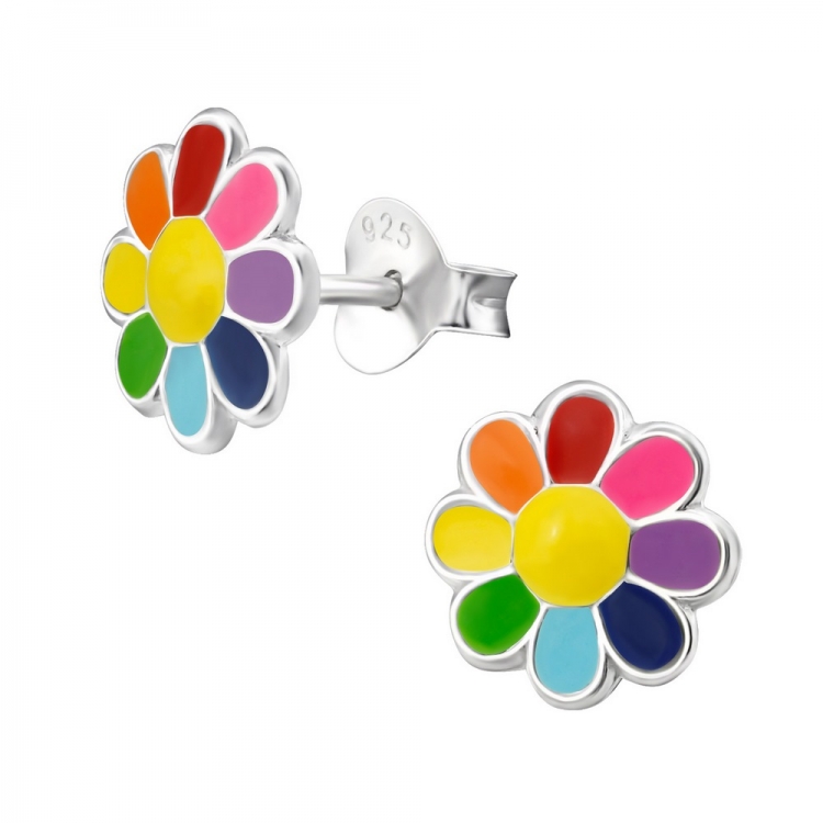 Rainbow flower earrings, 925 silver, 8.5mm