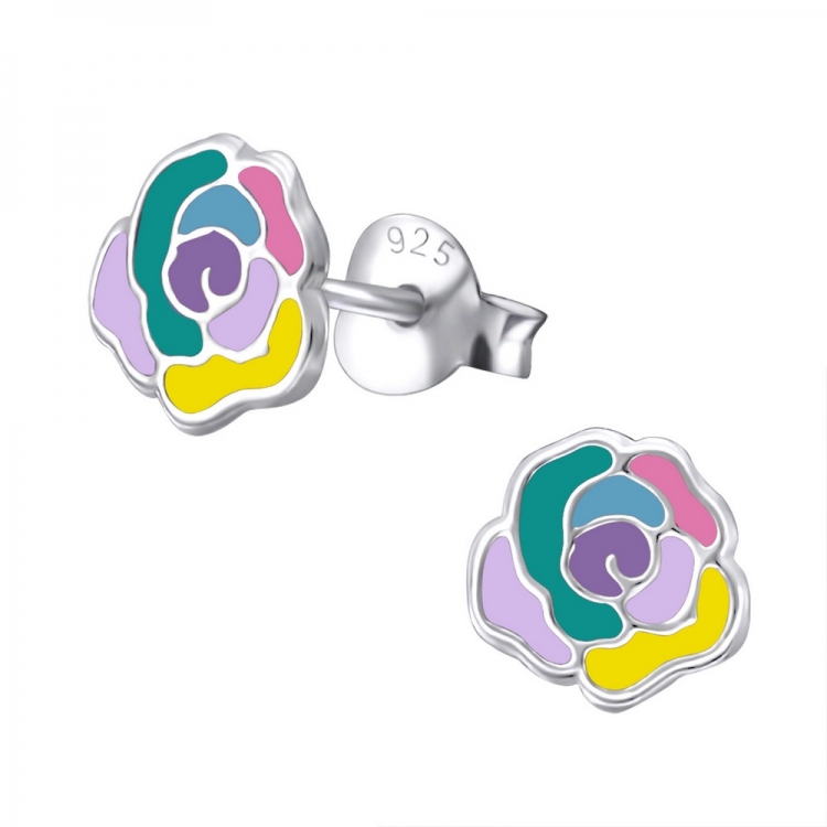 Rose multicolour flower earrings, 925 silver, 7mm