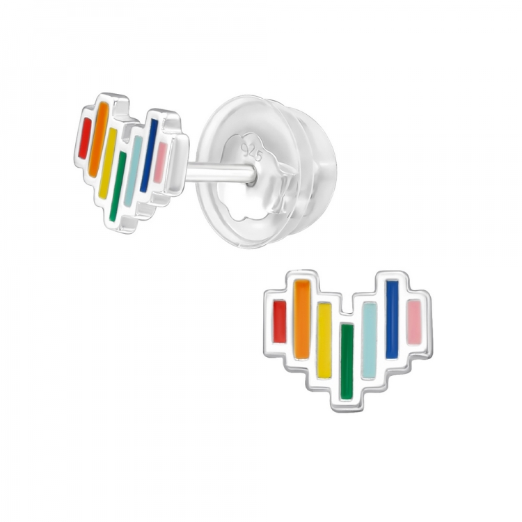 Cercei pentru copii inima curcubeu, argint 925, 6x5mm
