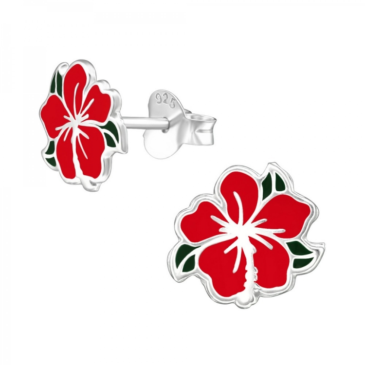 Hibiscus rose earrings, 925 silver, 9x9mm