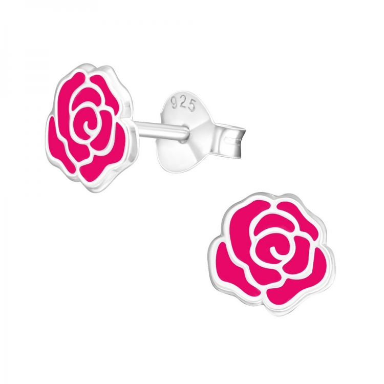 Pink rose earrings, 925 silver, 7x7mm