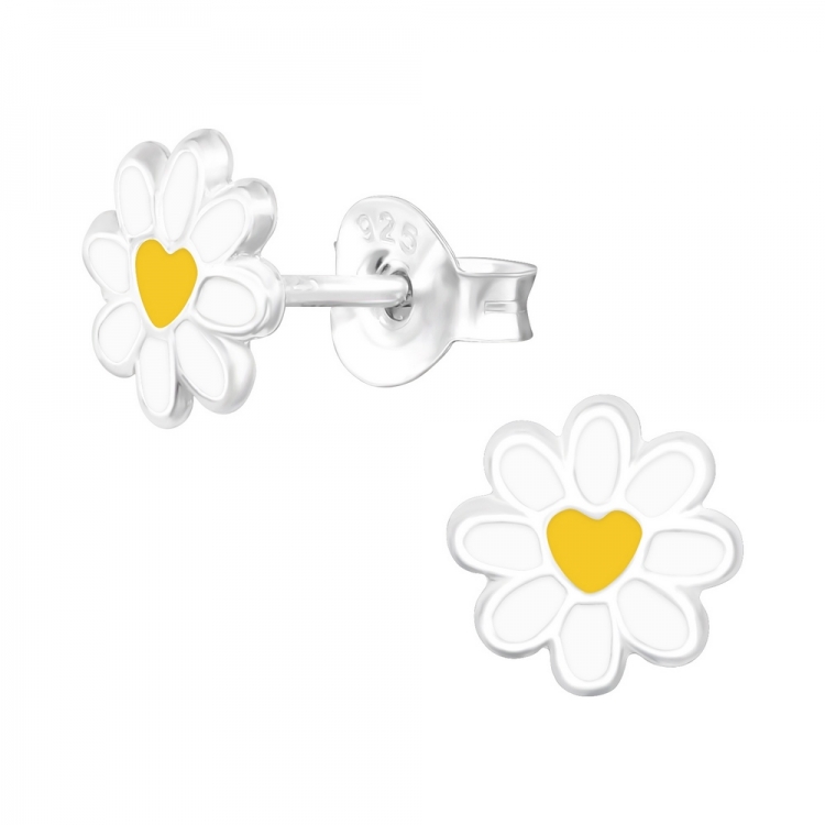 Chamomile flower with heart earrings, 925 silver, 7x7mm