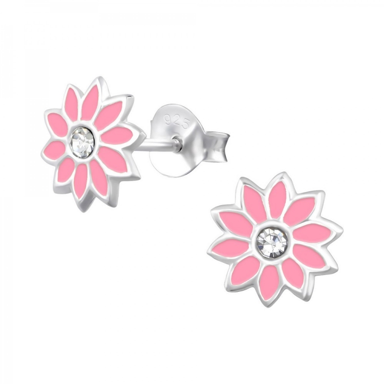 Cercei pentru copii floricica roz cu cristal, argint 925, 8x8mm